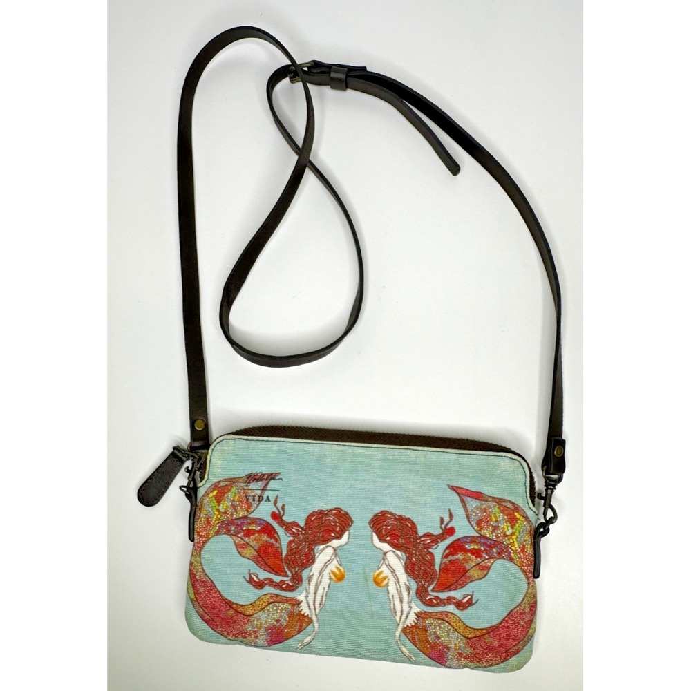 Vida Mermaid Crossbody Clutch Purse Canvas Leather Strap Aqua Beach Nautical
